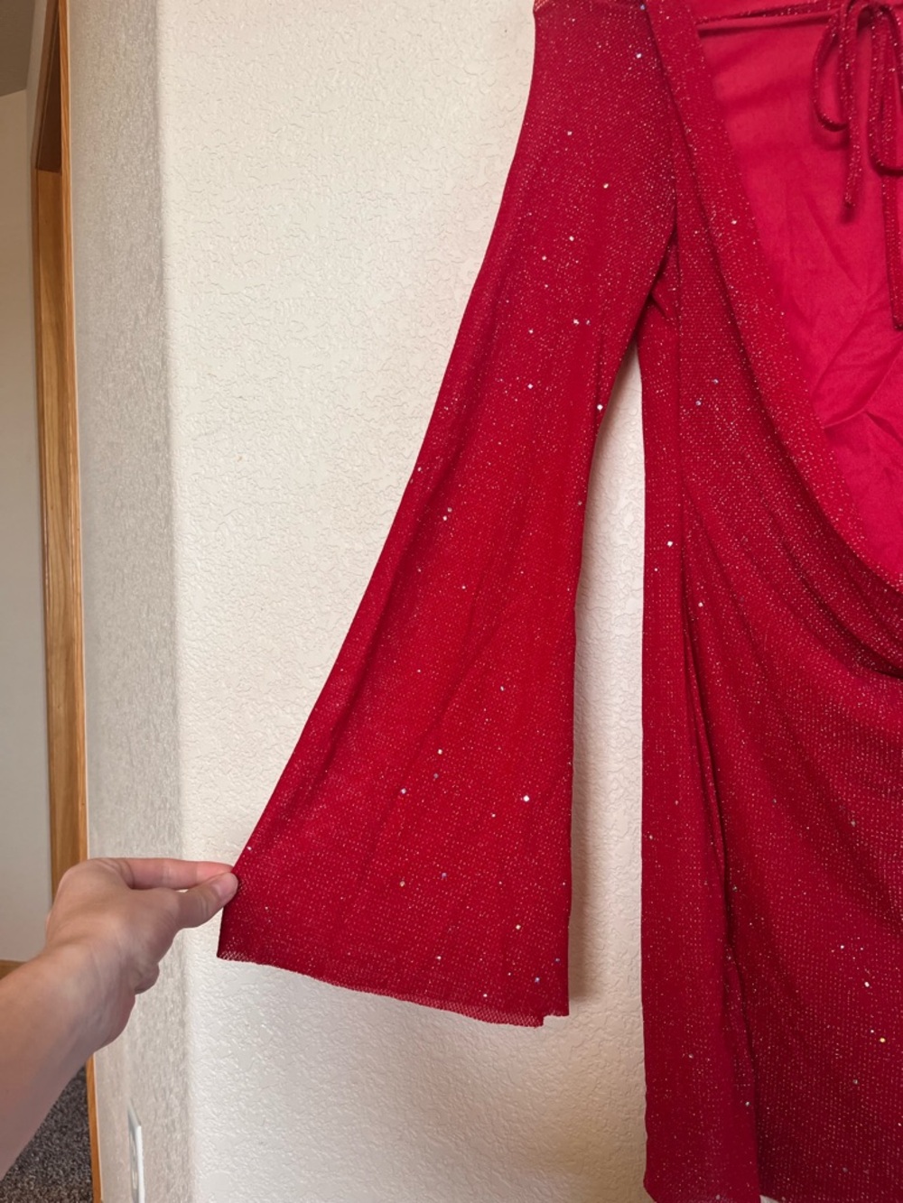 Women’s Sparkly Red Long-Sleeve Mini Dress with Open Back - Picture 8 of 12